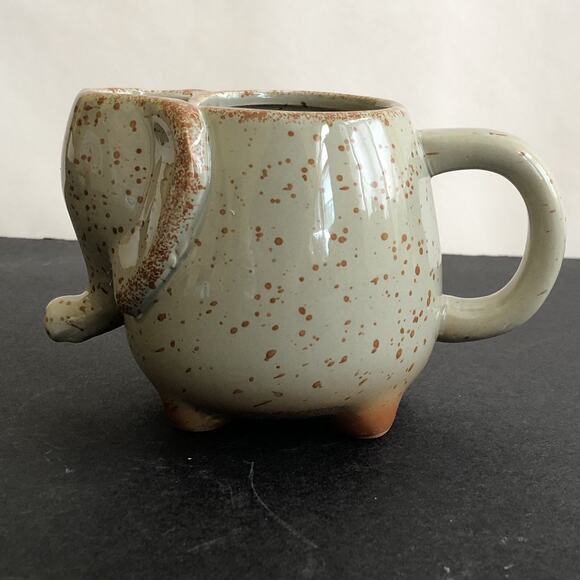Pottery Elephant Mug With Tea Bag Holder Neutral Gray Brown Speckled Animal - Picture 5 of 9